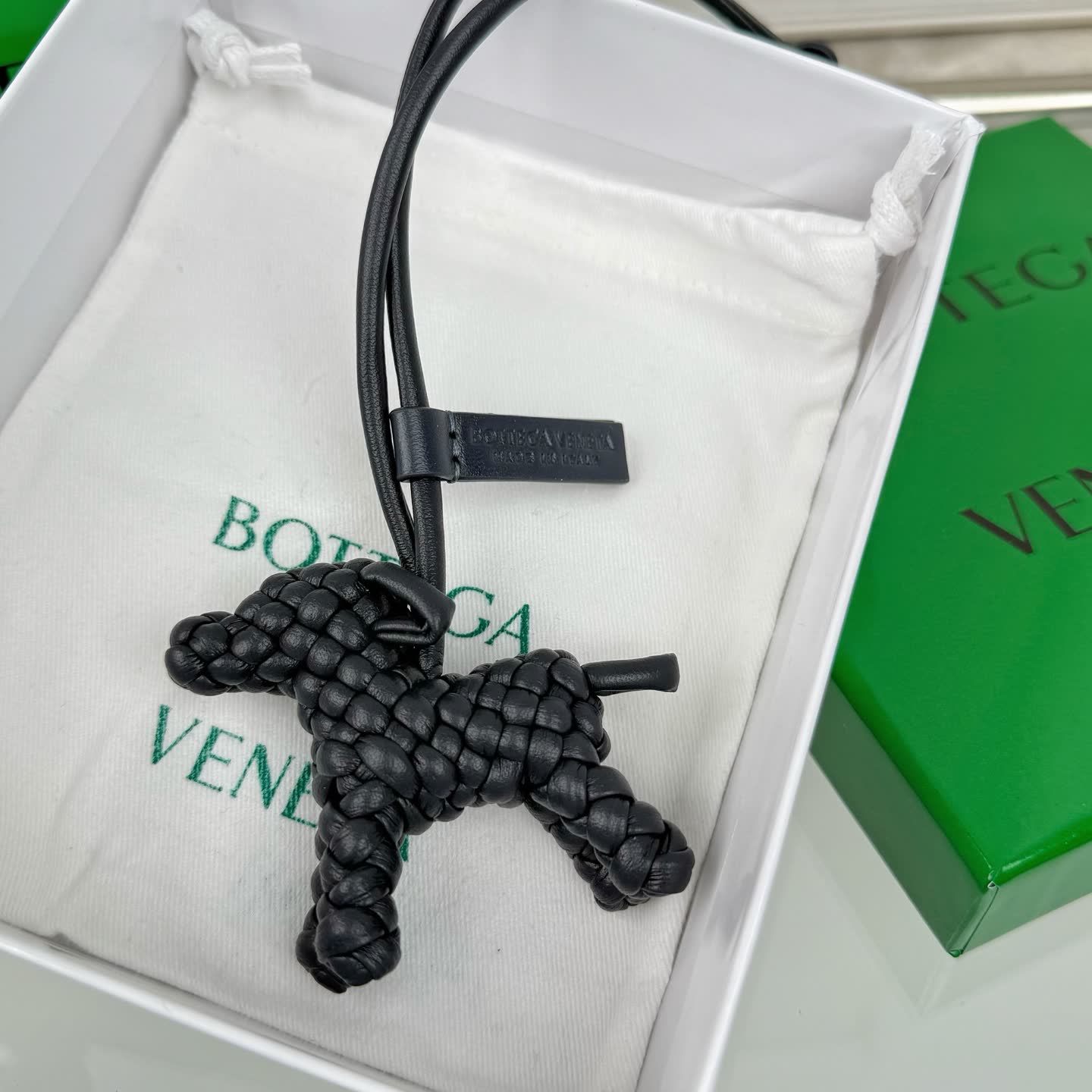 Bottega Veneta Black Intrecciato Leather Dog Charm